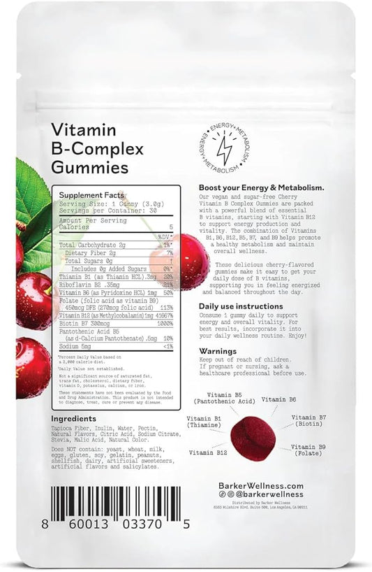 Barker Wellness Vitamin B-Complex Gummies | Energy & Metabolism Support | B1, B5, B6, B7, B9, B12 | Vegan, Sugar-Free | Cherry Flavor | 30 Gummies