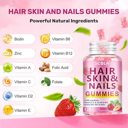 Hair Skin and Nails Gummies, Biotin (10,000mcg) Hair Skin and Nails Vitamins Supplement for Women, Men Supports Faster Hair Growth, Stronger Nails, Healthy Skin, 240 Count
