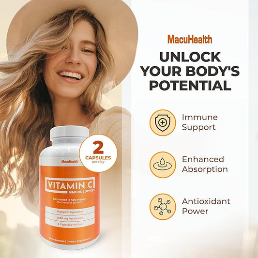 Macuhealth Liposomal Vitamin C 1000MG Per Serving - High Bioavailablity Vitamin with Fat-Soluble Antioxidants and Enhanced Absorption - 3 Month Supply