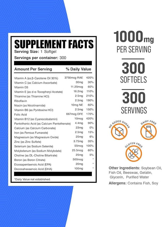 BulkSupplements.com Multivitamin for Men 50 Plus Softgels - Men's Daily Vitamins, Multimineral Supplement - Complete Multivitamin with Fish Oil - 1 Softgel per Serving, 300 Count (Pack of 1)