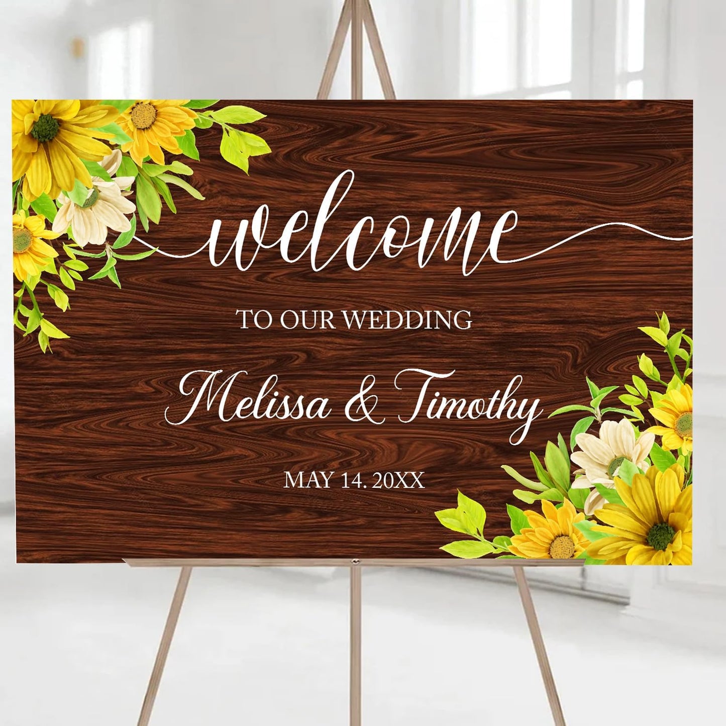 Rustic Sunflower Wedding Welcome Sign Template, Printable Wood-Inspired Welcome Sign with Watercolor Flowers for Ceremony or Reception Decoration