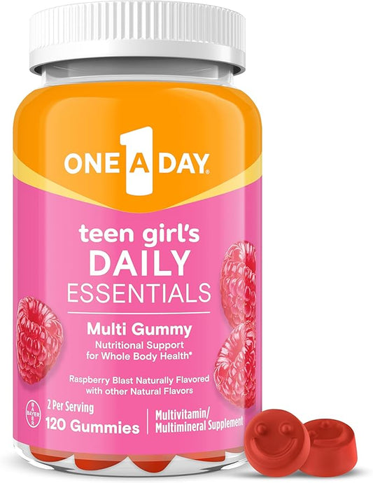 One A Day Teen Girl’s Daily Essentials Multivitamin Gummies, Teen Girl Multivitamins with Biotin, Vitamin B12 and B6, Vitamin C, Raspberry Natural Flavor, 120 Gummies