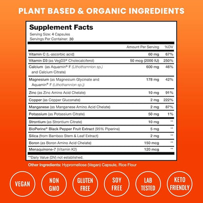 Calcium Supplement for Bone Strength | Plant Calcium Citrate + Vitamin D3, K2, Magnesium, Zinc, Potassium, Boron & Strontium | Premium Extra Strength Bone Health & Density Complex | 120 Vegan Capsules