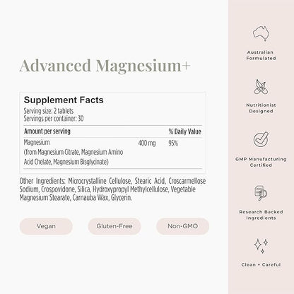 JSHealth Vitamins Advanced Magnesium Supplements with Magnesium Glycinate & Citrate for Muscle Relaxation (60 Tablets)