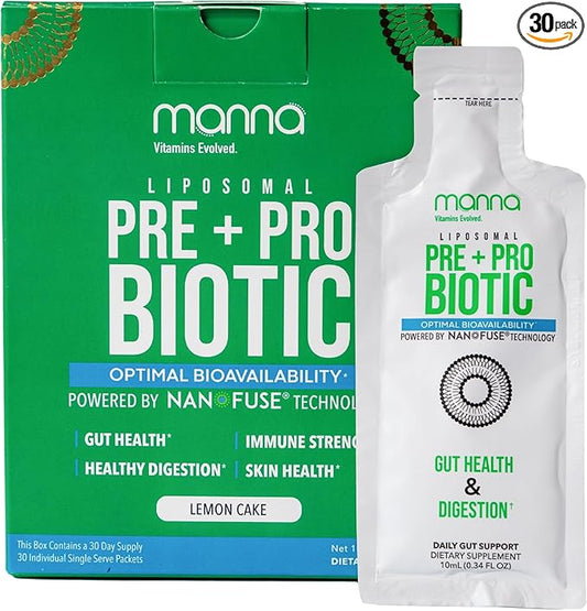 Manna Vitamins Evolved Liposomal Prebiotic + Probiotic Packets – 40 Billion CFU, 8 Strains – Gut, Digestive, Immune Support – High Absorption, Shelf-Stable, Daily Supplement, 30 Single Serves