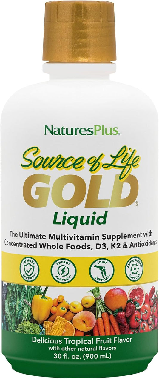 Natures Plus Source of Life Gold Multivitamin Liquid - 30 oz - with Vitamins D3, B12 & K2 - Blood, Bone & Immune Support - Vegetarian & Gluten Free - 30 Servings