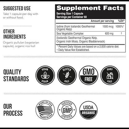 Organic Iodine Supplement – 1,500 mcg Iodine, Max Strength - from Sea Vegetable Complex, Whole Food & Raw Form – Contains Purest Icelandic Sea Kelp, Irish Moss & Bladderwrack (1500 mcg)