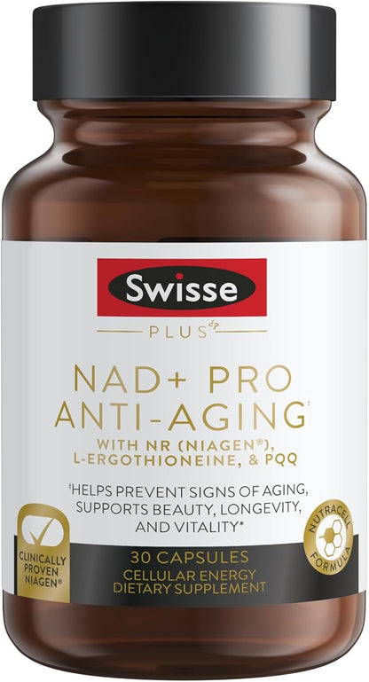Swisse NAD+ Pro Anti-Aging | Featuring Clinically Proven 300mg Niagen® | L-Ergothioneine & PQQ | Supports Beauty, Longevity & Vitality | 30 Capsules