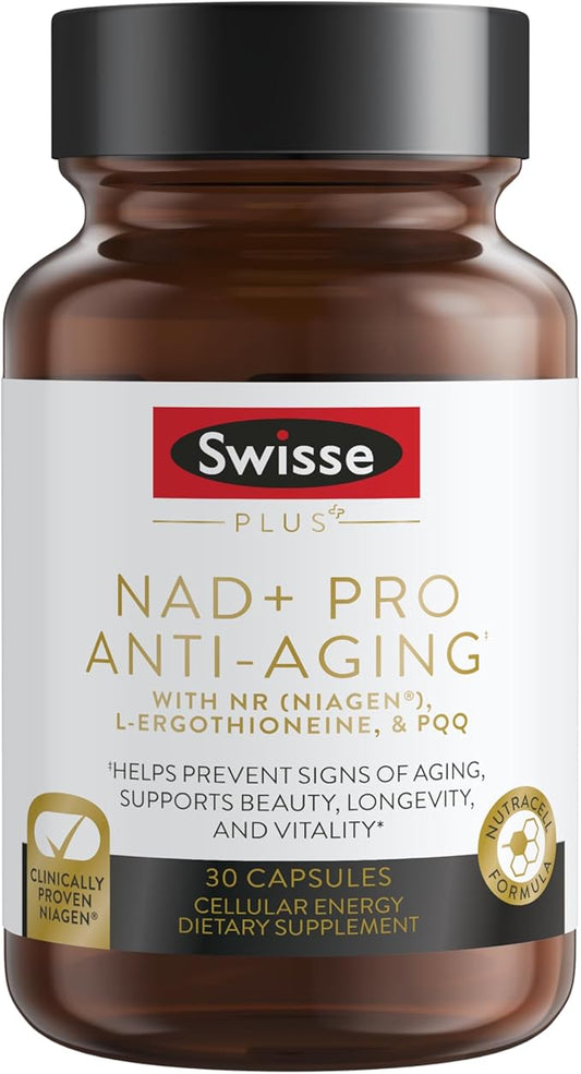Swisse NAD+ Pro Anti-Aging | Featuring Clinically Proven 300mg Niagen® | L-Ergothioneine & PQQ | Supports Beauty, Longevity & Vitality | 30 Capsules