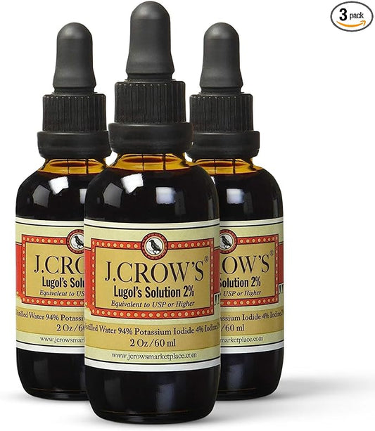 J.CROW'S® Lugol's Solution of Iodine 2% 2 oz (3 Bottles) – Premium Potassium Iodide Liquid, Supports Thyroid & Energy, Gluten &, Alcohol-Free Natural Brine Extract, No Expiration