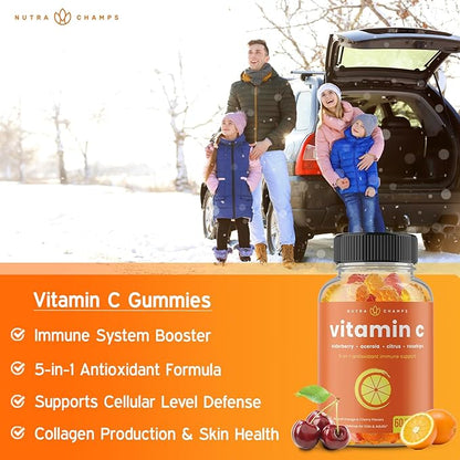 NutraChamps Vitamin C Gummies for Adults & Kids, 5-in-1 Immune System Support with Elderberry, Rosehips, Citrus Bioflavonoids & Acerola Cherry, Immunity Booster Supplement (Pack of 2)