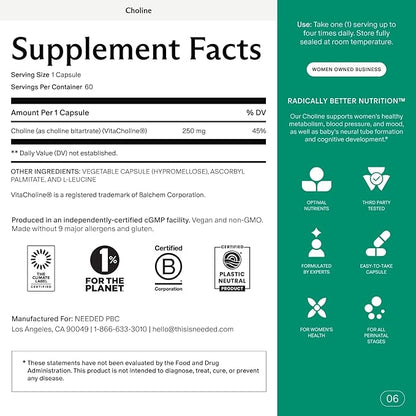 Needed. Prenatal Choline for Cognitive Development - Choline Supplement Aids Baby Brain Development - Supports Healthy Pregnancy & Metabolism - Third Party Tested - 60 Capsules