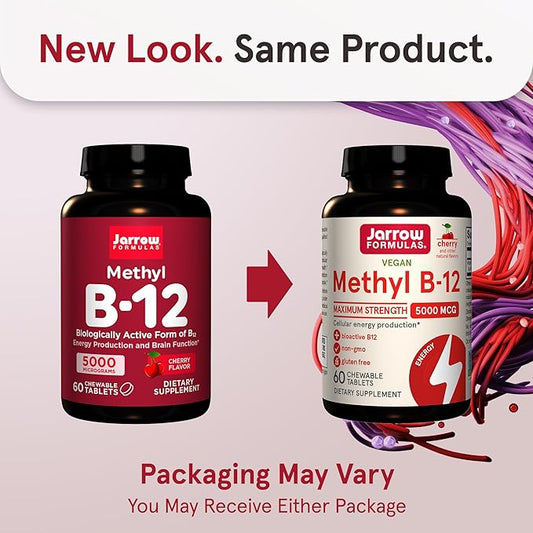 Jarrow Formulas Maximum Strength Methyl B-12 5000 mcg, Dietary Supplement for Cellular Energy Production and Brain Health Support, 60 Cherry-Flavored Chewable Tablets, 60 Day Supply, Pack of 12