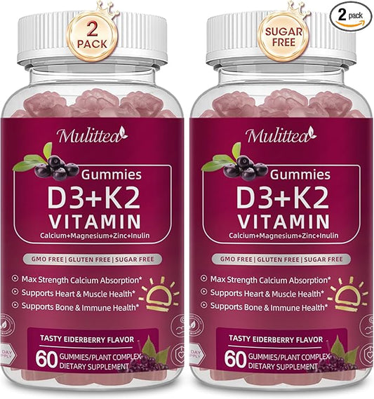 Vitamin D3 10000 IU + K2 (MK-7) 200mcg w/Calcium Magnesium Zinc Elderberry & Inulin-Highly Bioavailable-Enhanced Absorption for Immune & Bone Support- K2 D3 Vitamin Supplement-Vegan Gummies