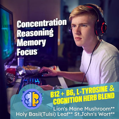 Focus Memory & Energy Gummies, L-Tyrosine + Methyl B12 1000mcg, B6 50mg, D3 C, Lion's Mane Mushroom, for 15+ Students, Office Worker, Multivitamin, Herb Blend for Seniors Brain & Cognition, 1 Pack