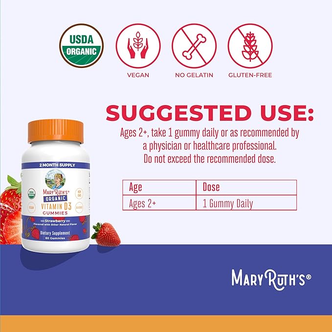 MaryRuth Organics Organic Vitamin D3 Gummies | 1000 IU | USDA Organic | Immune Support| Bone Health | Muscle Function | for Adults & Kids Ages 2+ | Vegan | Gluten Free | 2 Month Supply | 60 Count