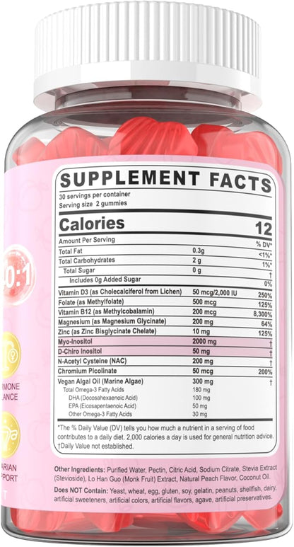 Myo-Inositol & D-Chiro Inositol Gummies for Women 2000mg + 50mg, 40:1 Ratio Inositol with Vegan Omega-3 + D3, Magnesium Glycinate, Methyl Folate + B12 for Female Health & Wellness, Sugar Free, 120 Cts
