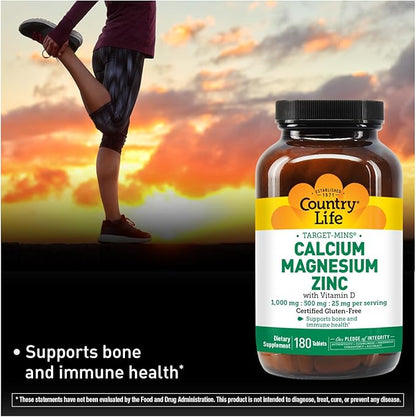 Country Life Calcium Magnesium Zinc with Vitamin D3 and L-Glutamic Acid, Dietary Supplement for Bone Support, Certified Gluten Free, 1000mg/500mg/25mg, 180 Tablets