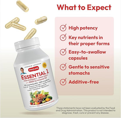ANDREW LESSMAN Essential-1 Multivitamin 2000 IU Vitamin D3 60 Small Capsules - 100 mcg Methyl B12. CoQ10 Lutein Lycopene Zeaxanthin. High Potency. No Additives. Ultra-Mild. One Daily Capsule