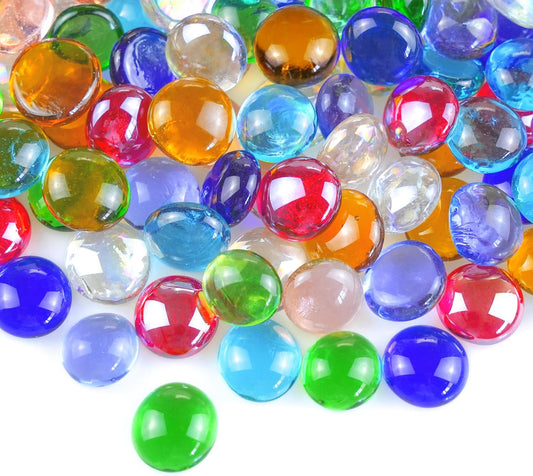 KINGOU Flat Glass Gems/Marbles/Stones/Beads for Vase Filler, Table Scatter, Aquarium - 1 Lbs (17-19mm, Approx. 3/4")-Colorful