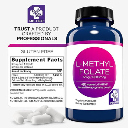 MD Life L-Methylfolate 5mg - Professional-Grade Active Methylfolate Supplement - Maximum Potency MTHFR Supplements - L methylfolate 5mg 90 Capsules - Essential Amino Acids