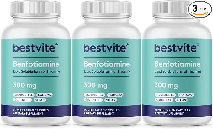 Benfotiamine 300mg (180 Vegetarian Capsules) (60x3) No Stearates - No Silicon Dioxide - Vegan - Non GMO - Gluten Free