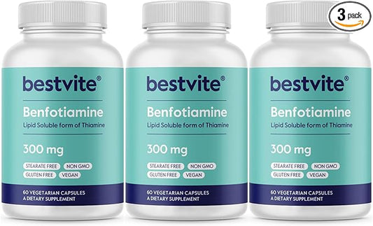 Benfotiamine 300mg (180 Vegetarian Capsules) (60x3) No Stearates - No Silicon Dioxide - Vegan - Non GMO - Gluten Free
