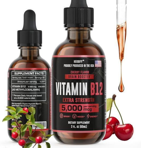 HERBIFY Vitamin B12 Methylated Multivitamin Energy Supplements for Women & Men - Liquid B12 Vitamins 5000 Mcg Methylcobalamin - Energy Support and Immune Health Liquid Vitamin 2 Oz