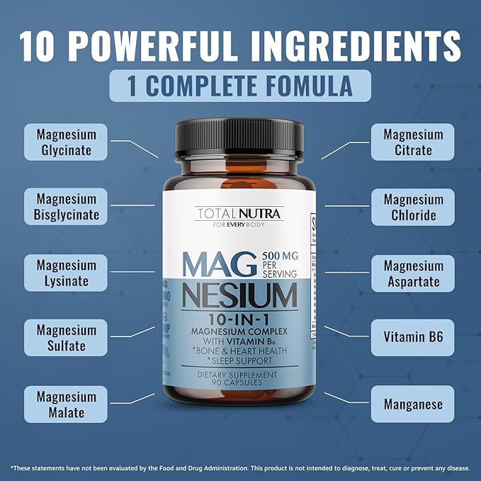 10-in-1 Magnesium Supplement 500 mg | High Absorption Magnesium Complex with Mag Glycinate, Citrate, Vitamin B6 Magnesium for Sleep, Muscle, Bone & Heart Health, Vegan & Gluten-Free, 45 Day Supply