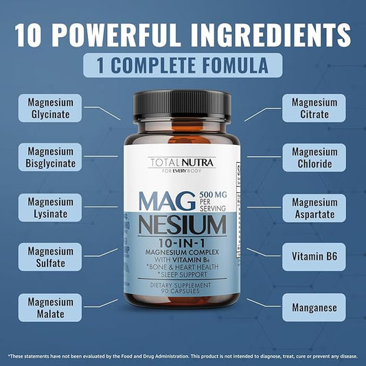 10-in-1 Magnesium Supplement 500 mg | High Absorption Magnesium Complex with Mag Glycinate, Citrate, Vitamin B6 Magnesium for Sleep, Muscle, Bone & Heart Health, Vegan & Gluten-Free, 45 Day Supply