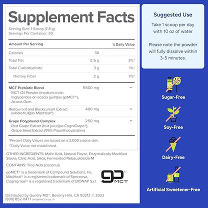 Gundry MD MCT Wellness Powder to Support Energy, Ketone Production and Brain Health, Keto Friendly, Sugar Free (90 Day Supply, Blueberry Lemonade)