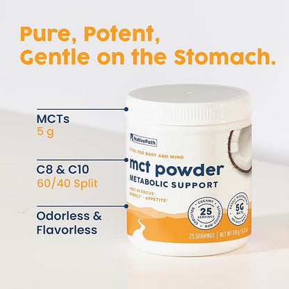 NativePath MCT Oil Powder Supplement - Unflavored MCT Powder with Keto-Friendly C8 MCTs. Free of Dairy, Gluten and GMOs, 25 Servings