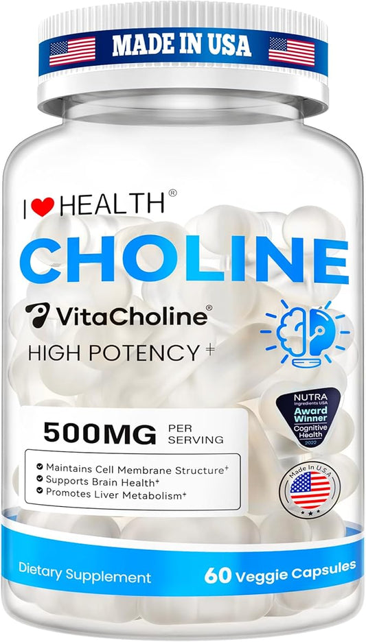 Award Winner -Clinically Dosed 500mg VitaCholine ® - 60 Caps - Liquid Choline Supplement –Support Pregnancy & Baby Brain & Liver Health LDL & HDL Level - Cognitive Health - Made in USA