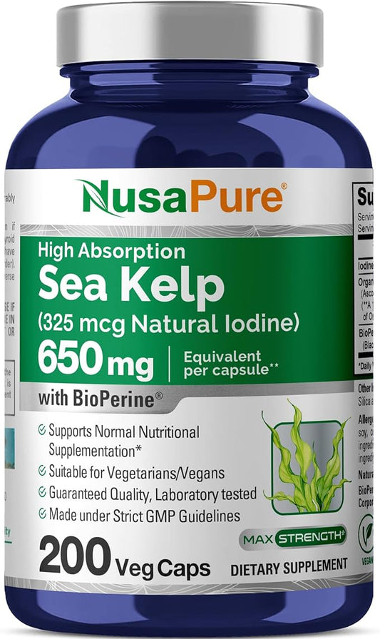 NusaPure High Absorption Sea Kelp Iodine 325mcg 650 mg per Veggie Capsule 200 Count (Non-GMO, Vegan)