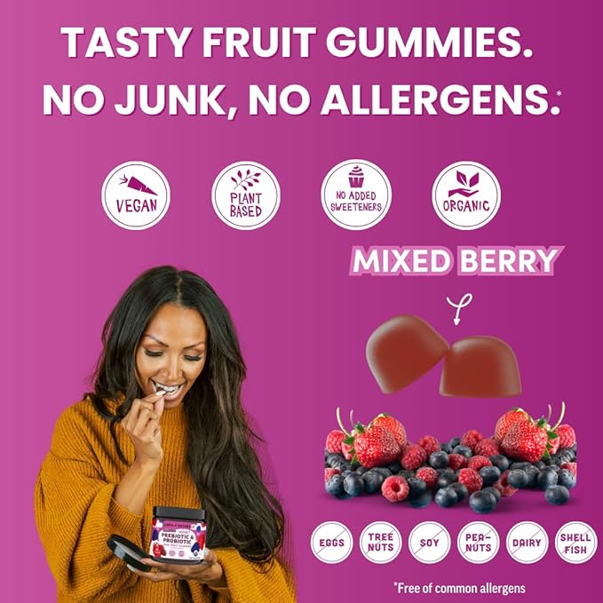 Llama Naturals Probiotics for Women and Men with Prebiotic Fiber, Vegan, Organic, Probiotic Gummies for Gut Health Support, Adults Real Fruit Gummy Vitamins, No Added Sugar Cane, Mixed Berry, 60 Ct