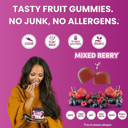 Llama Naturals Probiotics for Women and Men with Prebiotic Fiber, Vegan, Organic, Probiotic Gummies for Gut Health Support, Adults Real Fruit Gummy Vitamins, No Added Sugar Cane, Mixed Berry, 60 Ct