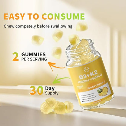 Vitamin D3 K2 Gummies, Vitamin D3 10000IU, K2 (MK-7) 200mcg, 6-in-1 Vitamina D3 Con K2 Supplement with Omega-3, Magnesium, Calcium and Zinc for Bones, Teeth & Immune Support, Sugar Free, 1 Pack