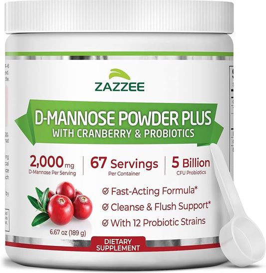 Zazzee D-Mannose Powder Plus, 2000 mg, 67 Servings, Potent & Fast-Acting, Plus 5 Billion CFU Probiotics and Pure Cranberry Juice Extract, Free Scoop, 6.5 Oz, Vegan, Gluten-Free, Non-GMO, All-Natural