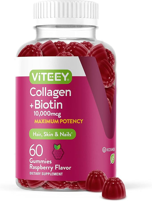 Viteey Collagen Gummies with Biotin Gummies for Hair Skin and Nails Vitamins - Biotin and Collagen Supplements for Women & Men - Vegan, Gluten-Free – 60 Count