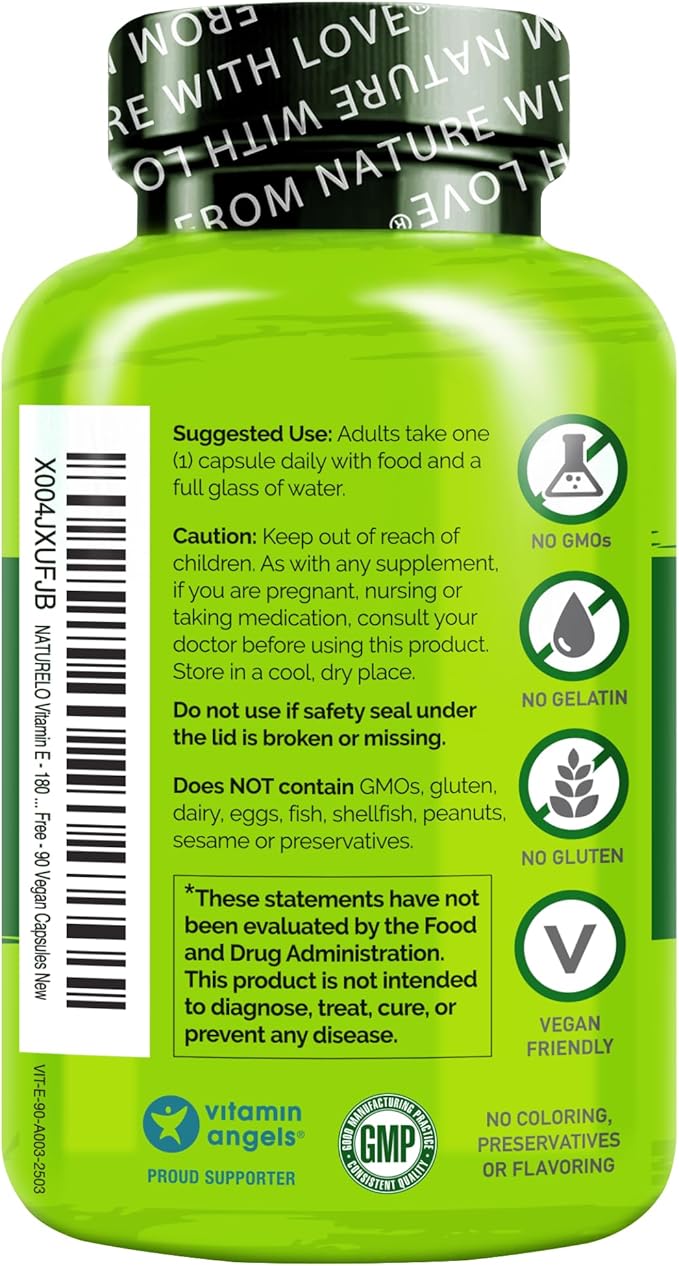 NATURELO Vitamin E - 180 mg (300 IU) of Natural Mixed Tocopherols from Organic Whole Foods - Supplement for Healthy Skin, Hair, Nails, Immune & Eye Health - Non-GMO, Soy Free - 90 Vegan Capsules