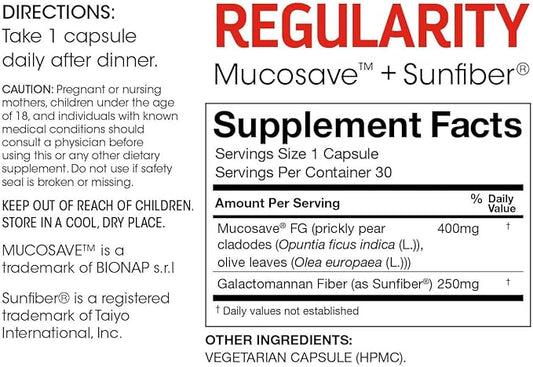 Silver Fern Regularity Digestive Supplement Capsules Brand - 1 Bottle = 30 Capsules = 30 Day Supply - Mucosave FG (Prickly Pear Polysaccharides & Olive Leaf Polyphenols) & SunFiber