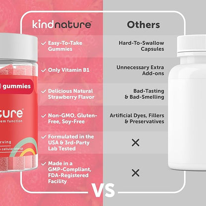 kindnature Vitamin B1 Gummies 500mg – High Potency Thiamine Supplement for Energy, Focus & Nervous System – Vegan, Non-GMO Chewable B1 Vitamins for Adults & Kids – Natural Strawberry Flavor – 60 Ct