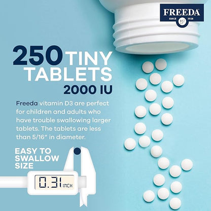 FREEDA Vitamin D3-2000 IU – High-Potency Vitamin D for Bone Strength & Immune Support – Easy-to-Swallow Tablets – 250 Tiny Tablets