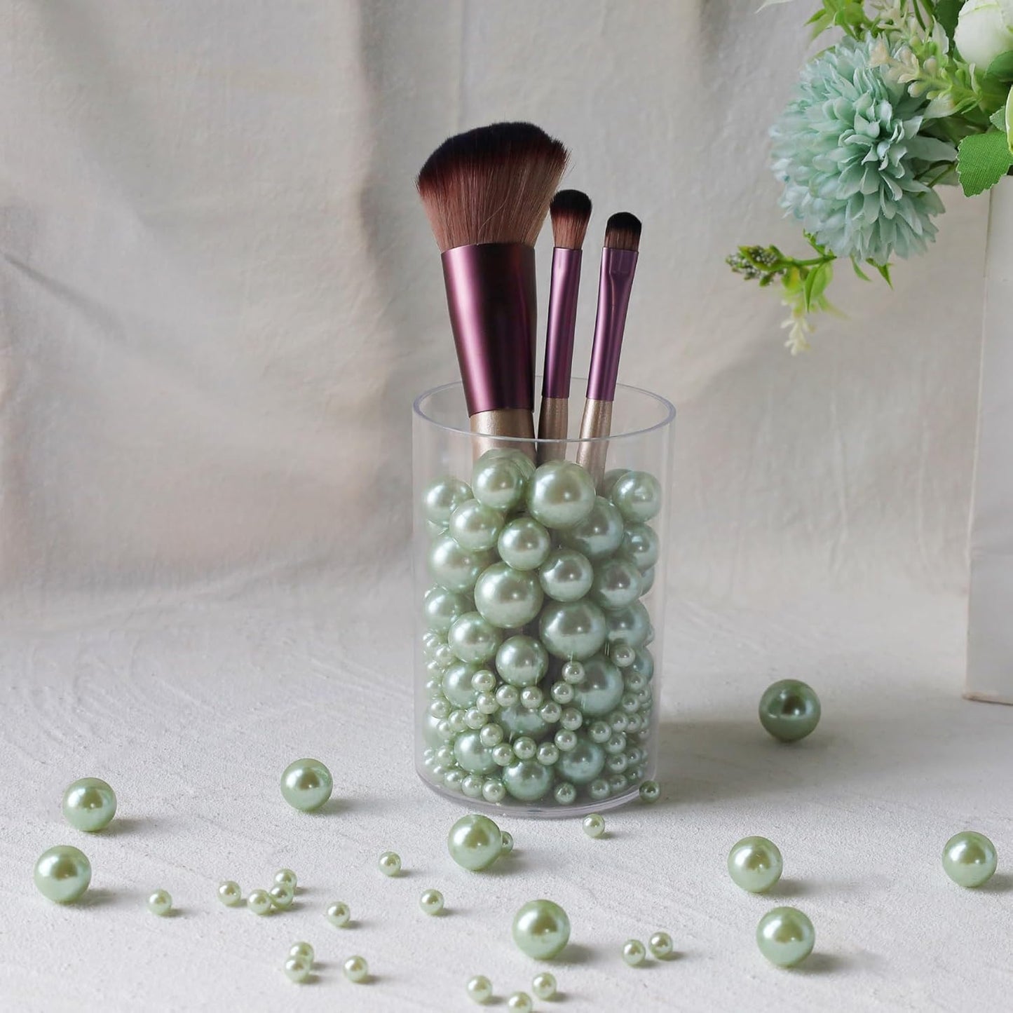 260Pcs Greygreen Glossy Beads for Centerpiece Decor, Artifical Pearls Vase Filler, Makeup Brush Beads, No Hole Round Pearl Beads for Wedding Birthday Christmas Party Home Decor(18mm 14mm 6mm)