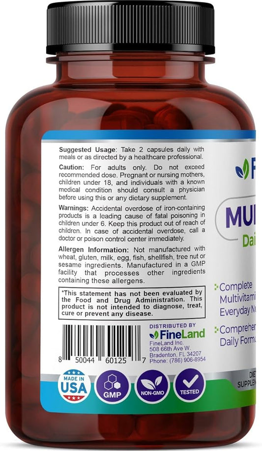 FineLand Multi-Vimin Daily Complete | 22 Vitamins, 42 Fruits, Veggies & Herbs Blend | Immune & Digestive Support with Enzymes, Probiotics & Full Spectrum Minerals | 60 Vegan Capsules