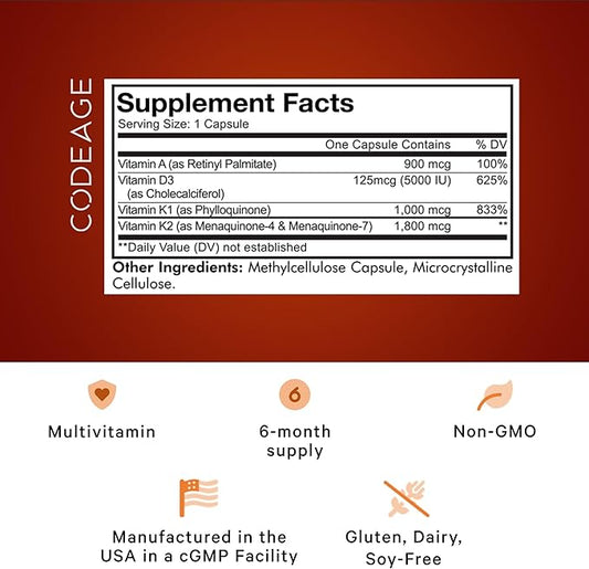 Codeage ADK Vitamins Supplement - Essential Vitamin A, D3 5000 IU, K1 & K2 (MK4 & MK7) - 6-Month Supply - 1 Capsule per Serving, Non-GMO, Gluten-Free - 180 Capsules