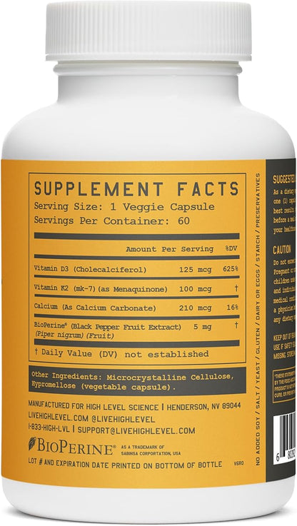 High Level K2D3, Vitamin K2 & D3 Supplement with BioPerine Black Pepper, Dual Action Complex for Heart, Bone, Immune Support, 5000 IU D3, 100 mcg K2, Vegetarian, 60 Veggie Capsules
