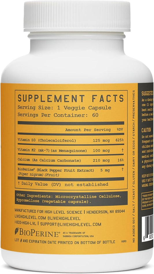 High Level K2D3, Vitamin K2 & D3 Supplement with BioPerine Black Pepper, Dual Action Complex for Heart, Bone, Immune Support, 5000 IU D3, 100 mcg K2, Vegetarian, 60 Veggie Capsules