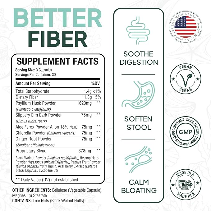 Better Fiber - Daily Fiber Supplement - Soften Stool for Effortless Bowel Movements - with Psyllium Hulk and Slippery Elm - 90 Capsules