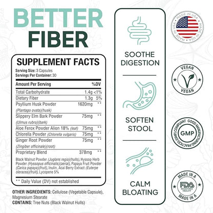 Better Fiber - Daily Fiber Supplement - Soften Stool for Effortless Bowel Movements - with Psyllium Hulk and Slippery Elm - 90 Capsules
